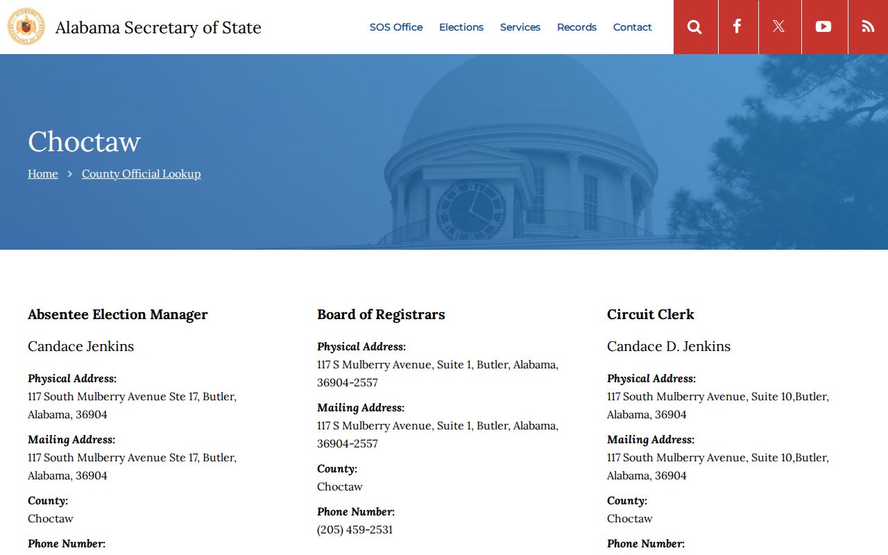 Choctaw County Circuit Clerk records Secretary of State county lookup
