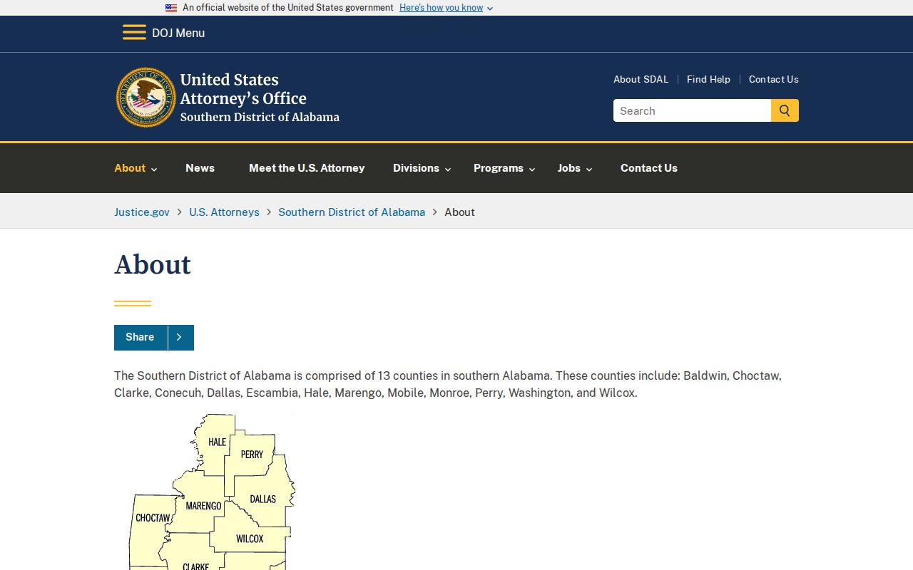 Choctaw County criminal court records U.S. Attorney Southern District counties