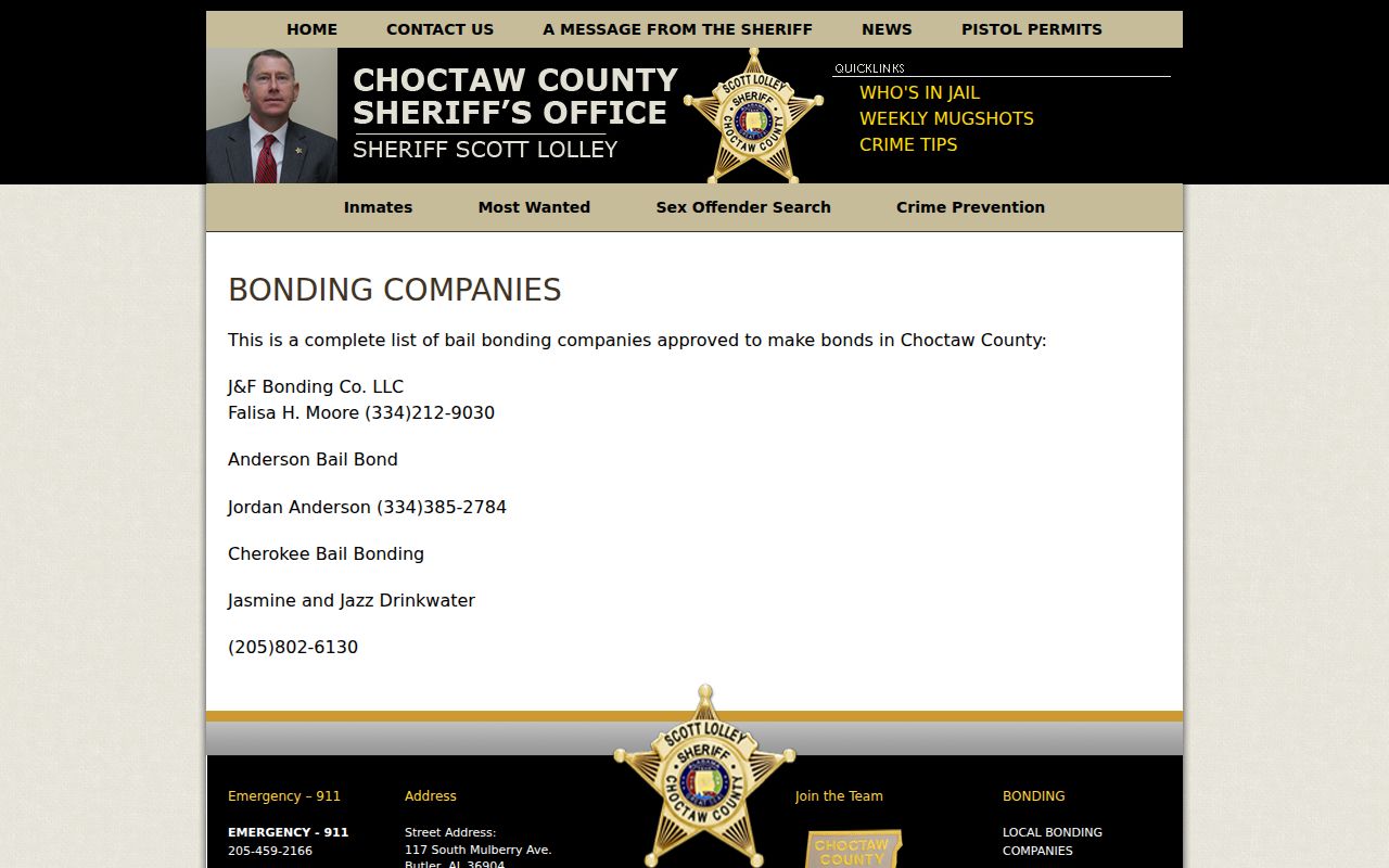 Choctaw County inmate records approved bonding companies