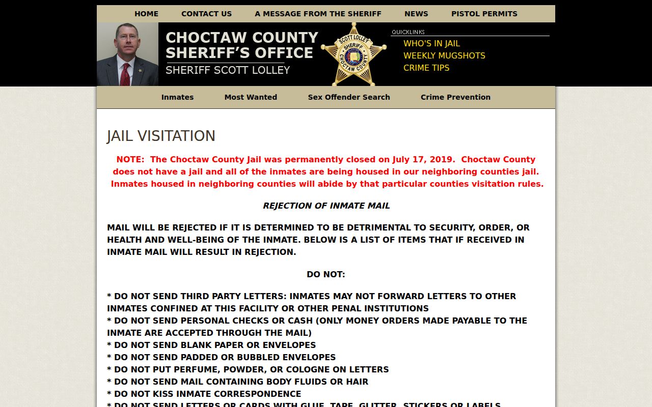Choctaw County inmate records jail visitation and closure notice