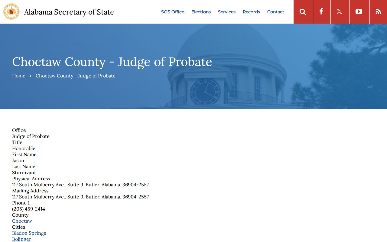 Choctaw County probate records Secretary of State probate judge entry